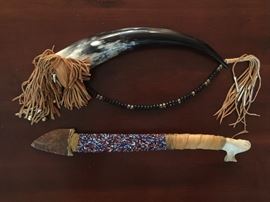 Native steer horn art and small bone spear