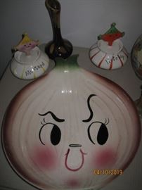Collectible Mid-Century Onion Serving Dish, Porcelain Elf Mustard and Ketchup Dispensers!