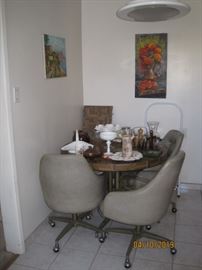 Mid Century Table with Four (4) Barrel Chairs, Original Art, Collectible Glass Items