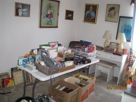 Paintings, Records, books, Vanity with Bench Office Supplies AND MORE!