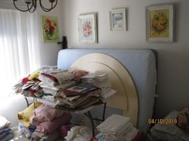 Art Deco Style Contemporary Headboard, Original Art, Vintage Linens, towels and sheets.