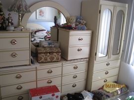 Art Deco Style Contemporary Bedroom set: Long dresser with mirror, pair of nightstands, wardrobe.
