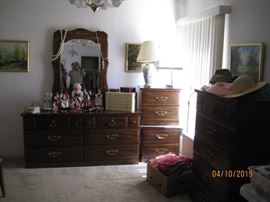 1960's Era bedroom, Long dresser with Mirror, Pair of nIghtstands, Tall Dresser, Table lamp, original art, clothing