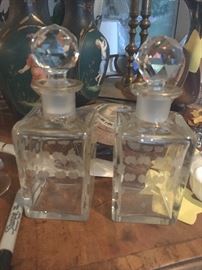 Pair of Liquer decanters or large perfumes etched and beautiful