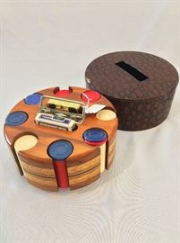 Vintage Mahogany Poker Chip Set.
