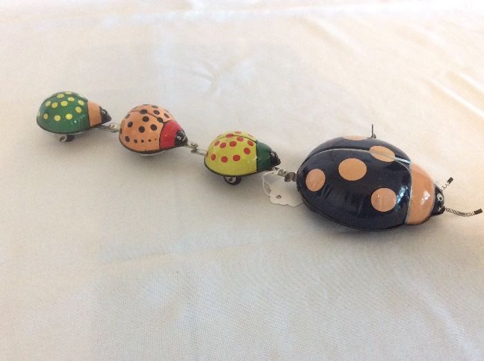 Vintage Wind Up Lady Bugs, 13" L.