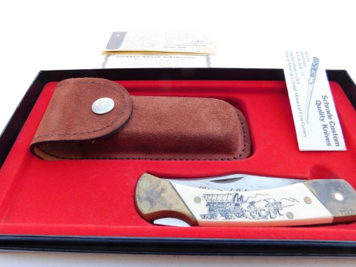 Schrade Covered Wagon Scrimshaw Pocketknife in Box