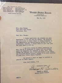 US Senator George H. Bender Autographed Letter - 1956
