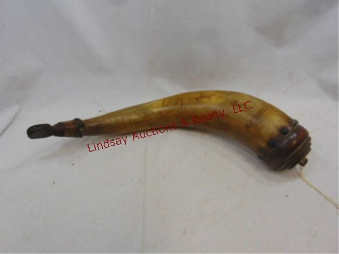 449 - Powder Horn marked 1821 Andrew McIntire has brass studs, wooden ends & engravings