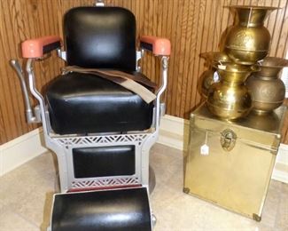 Vintage Koken Barber Chair with razor strops, Brass Spitoons