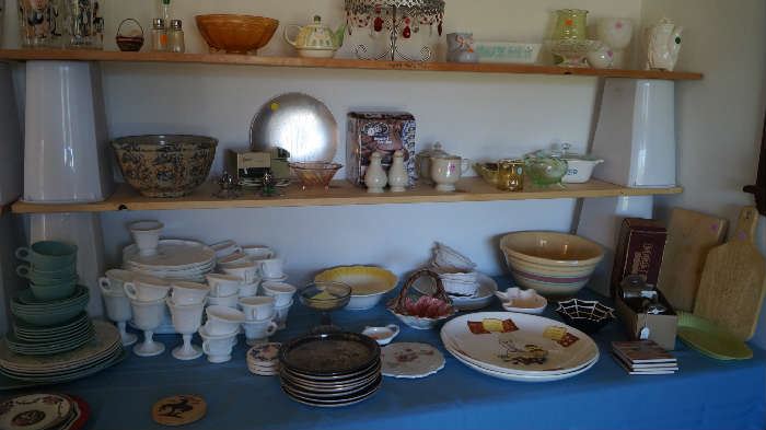 Milk glass, Pyrex, Crock bowl, platters, cutting boards, cake stand, 