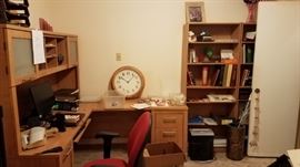 3 pc Maple Desk, Bookcases, Clock, Office Chair, Misc Office Supplies