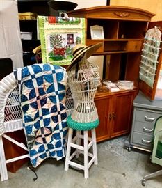 Twin headboard, armoire, quilt, desk, stool
