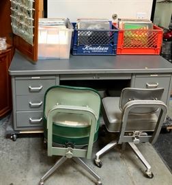 Vintage metal desk and two chairs