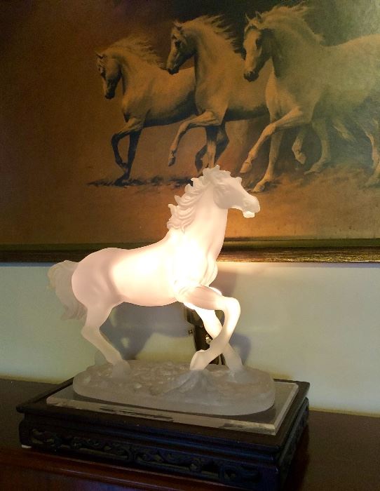 Backlit crystalline horse on stand