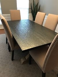 Noir zinc top hammered dinning table; IDS Parsons chairs