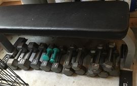 Various weights and bench
