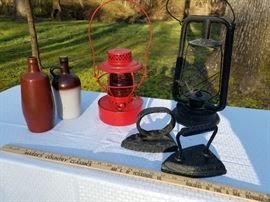 Vintage lot Railroad lantern red globe, cast iron irons, pottery jugs https://ctbids.com/#!/description/share/131967
