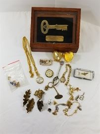 Display case with key for Virginia state penitentiary, vintage costume jewelry , watches, lockets, https://ctbids.com/#!/description/share/132082