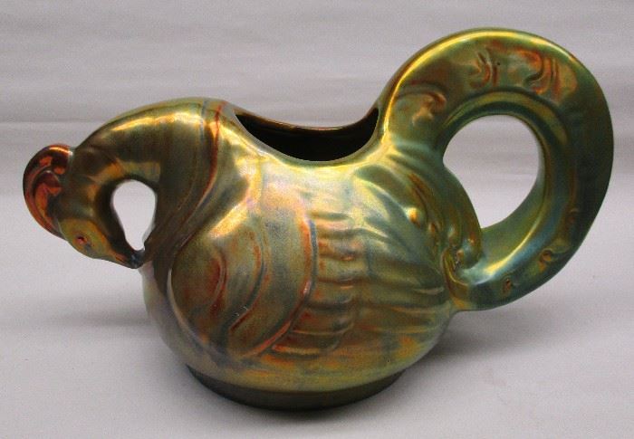  Zsolnay pottery peackock vase executed with green/yellow/orange iridescent luster glaze. 