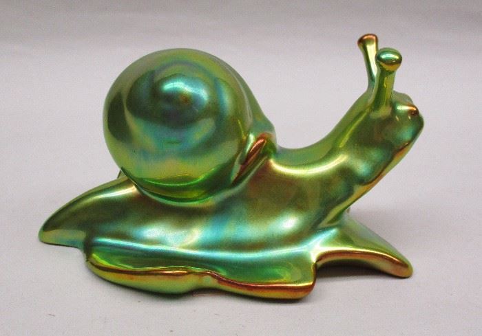  Green Zsolnay eosin glaze porcelain snail figure. 