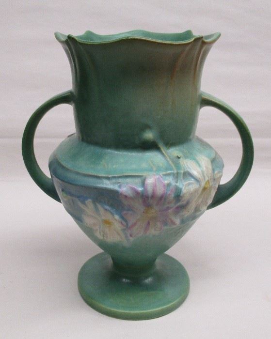 A green Rosvillle Art Pottery vase, Cosmos pattern. Unsigned. 