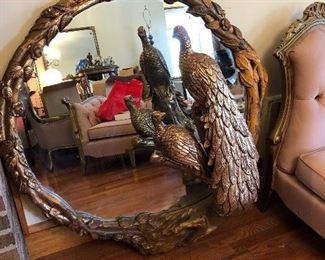 Spectacular three dimensional Mirror with peacock pair. Needs a little love but what a look!!!