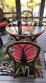 Rattan and glass table, 37"