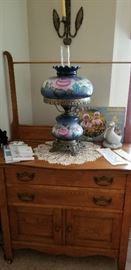 ANTIQUE COMMODE  --  VICTORIAN LAMP