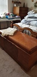 ANTIQUE  WATERFALL CEDAR CHEST    --  BEAUTIFUL CROCHETED COVERLET 