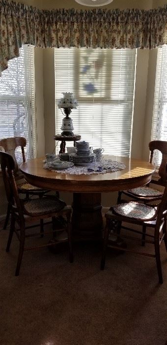 OAK PEDESTAL TABLE   --  4 CANED CHAIRS        HAVILAND CHINA
