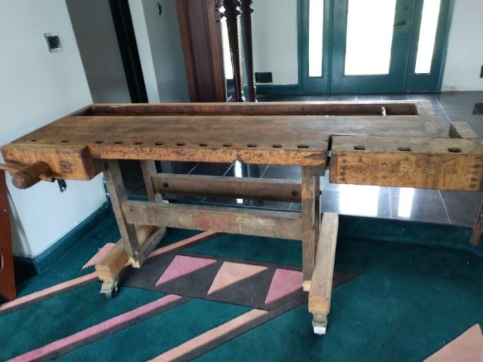 Early 1900 maple top workbench with two vices
