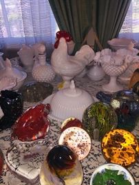 paperweights and milk glass section--lots of milk glass chickens!