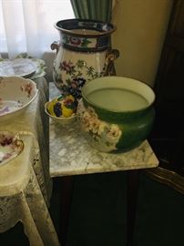 painted early porcelain urns, jardinières, and wash basins