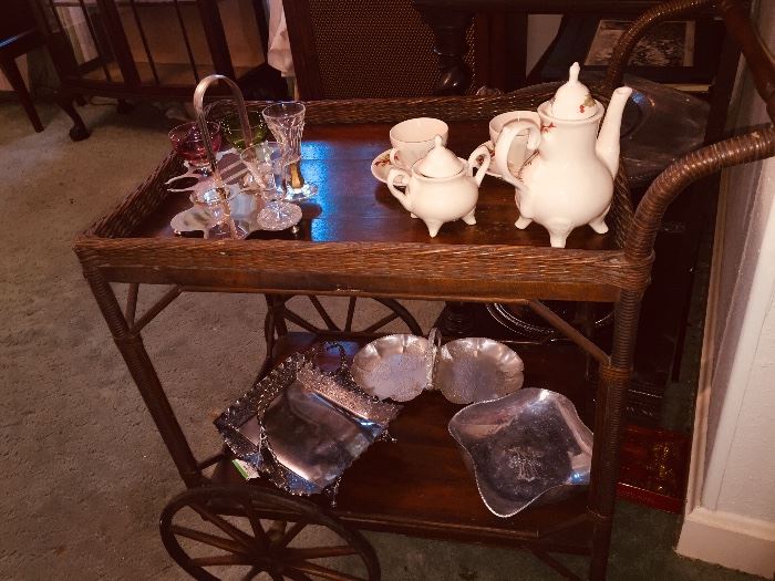 early wicker tea cart and we have tonnage of early silverplate and aluminum ware