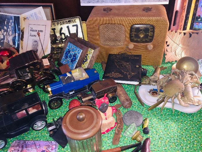 early radios, phonographs, keys, pipes, license plates, tools etc