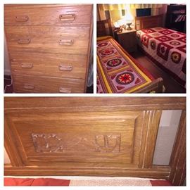 A Mid Century Modern Brandt Ranch Oak twin bed set and four drawer chest.  Headboards feature Prickly Pears--this is PRECIOUS!