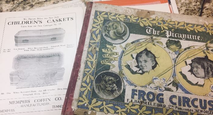 Paper ephemera and early book TONNAGE--Pictured is a 1911-1913 collection of funeral directors trade magazines and a 1903 Times Picayune book featuring children's photos from across South Louisiana (you'll recognize the last names)