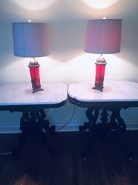 Pair of Ruby Red lamps and lovely matching marble topped parlor tables