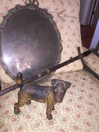 mid 19th century beveled mirror, early cast iron door stop, and 100 plus year old fraternal sword