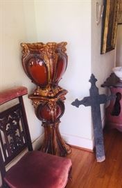 Majolica Jardinière, kneeling bench, and early iron cross (plus we have an 1859 French Bible)