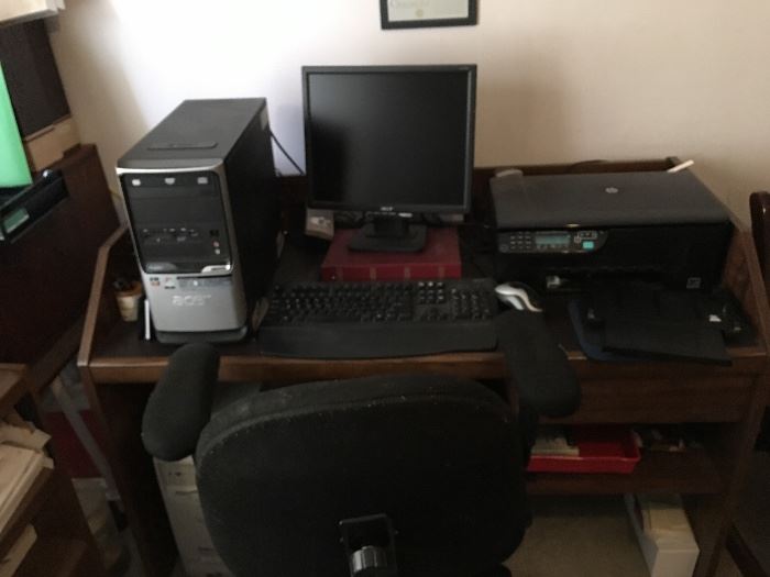 Apex Computer, modem, keyboard; HP Printer; Desk and office chair