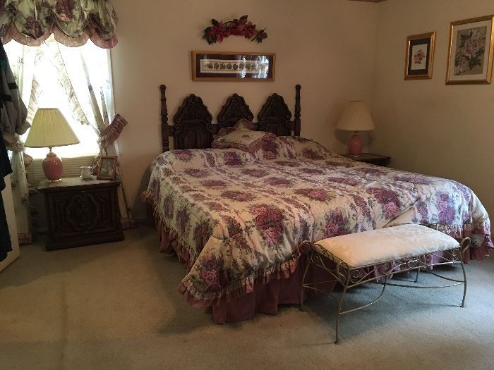 King Size bed, end table set, dresser with mirror and chest of drawers; bedroom bench