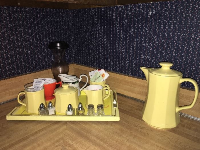 Vintage yellow Coffee Set; miniature salt & pepper sets