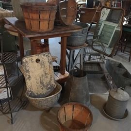 Vintage metal buckets, fruit baskets, feeder bin, wall mount sink, chicken feeder, table, mirror, shelf