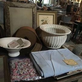 Vintage frame, floral picture, basket, bowl, linens