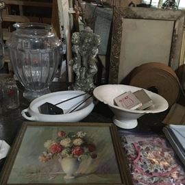 Vintage glass vase, bowls, frame, picture, apron