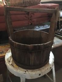 Vintage wood bucket and metal stool