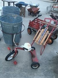 Vintage tricycle, sled, wagon, garbage can trolley/cart