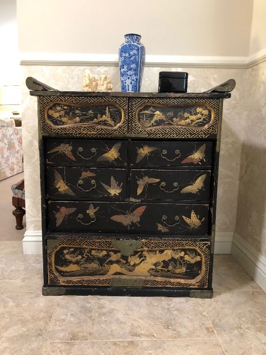 ANTIQUE LACQUERED AND PAINTED CHEST